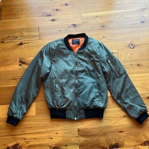 Love Tree Women’s Bomber Jacket Olive Green Orange Lining Pockets